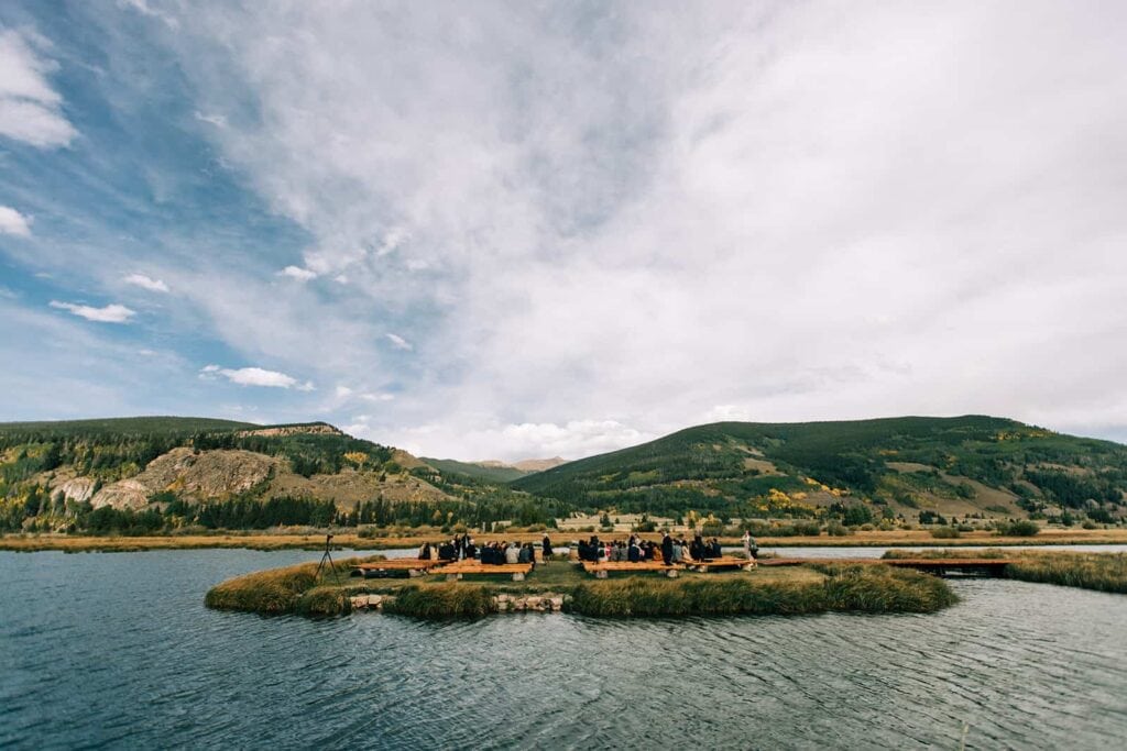 Photo of a wedding ceremony on the island at Camp Hale