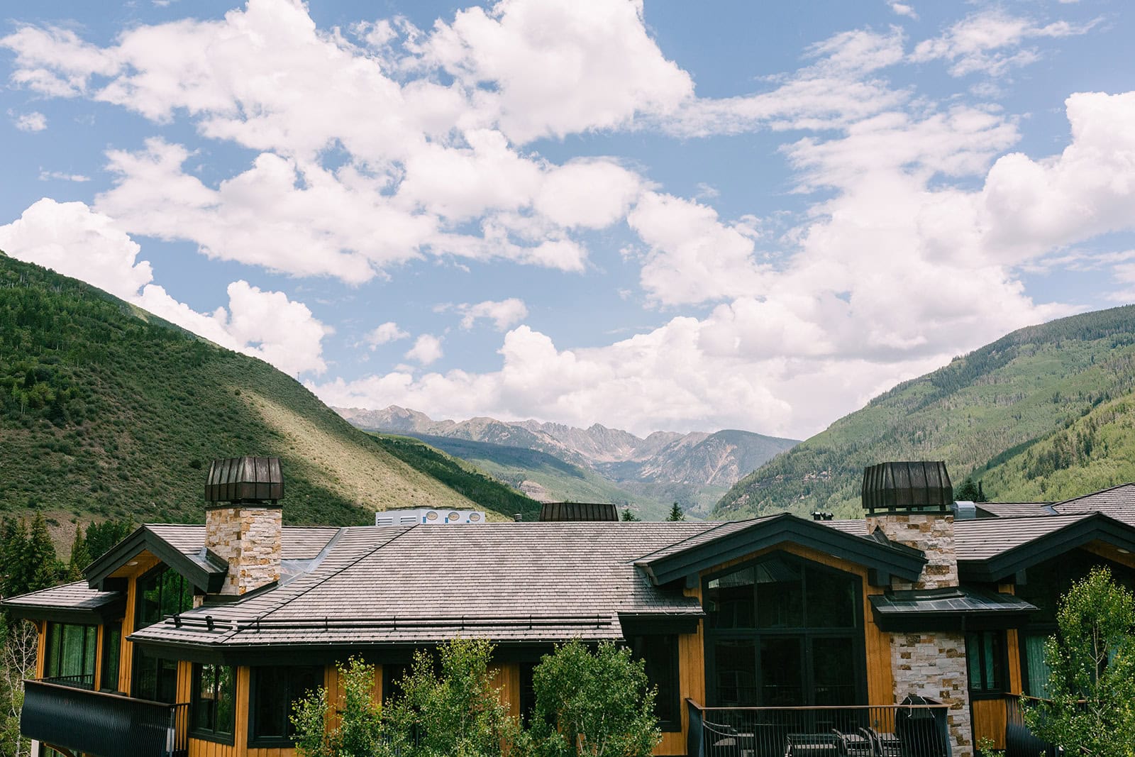 Summer mountain views of gore range from hotel in Vail, Colorado